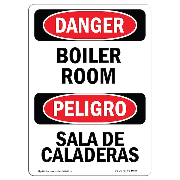 Safety Sign, OSHA Danger, 5" Height, Boiler Room Bilingual Spanish, 10PK